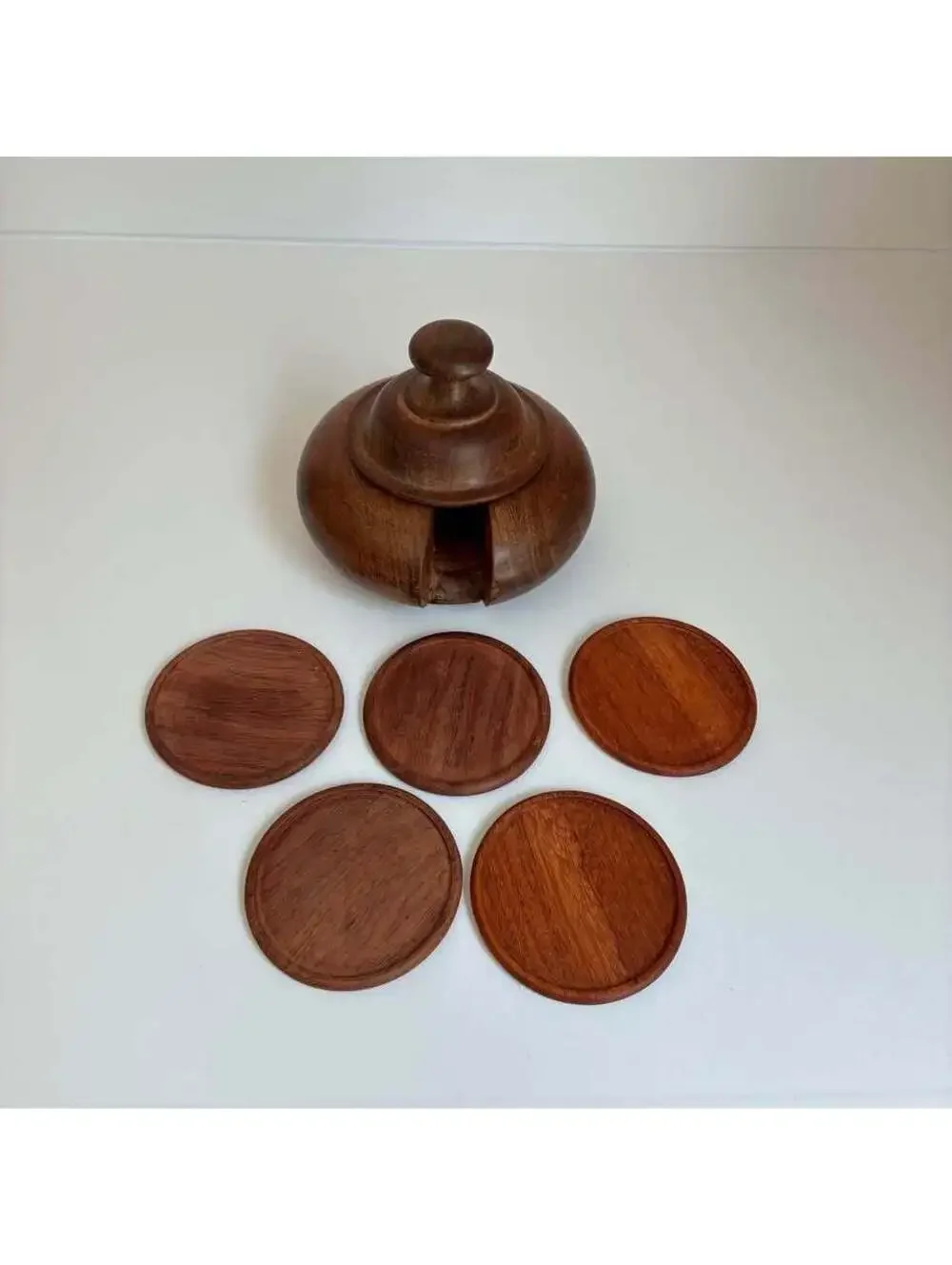 Vintage Wooden Coaster Set 5 Drink Coasters Lidded Storage Holder Hand Turned